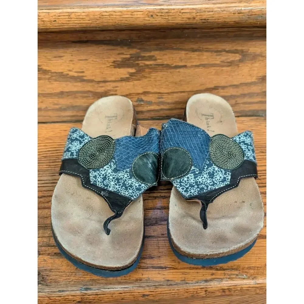 Think! Mizzi Cork Foot bed Blue Leather Sandals Women's Shoes 9-9.5, 40